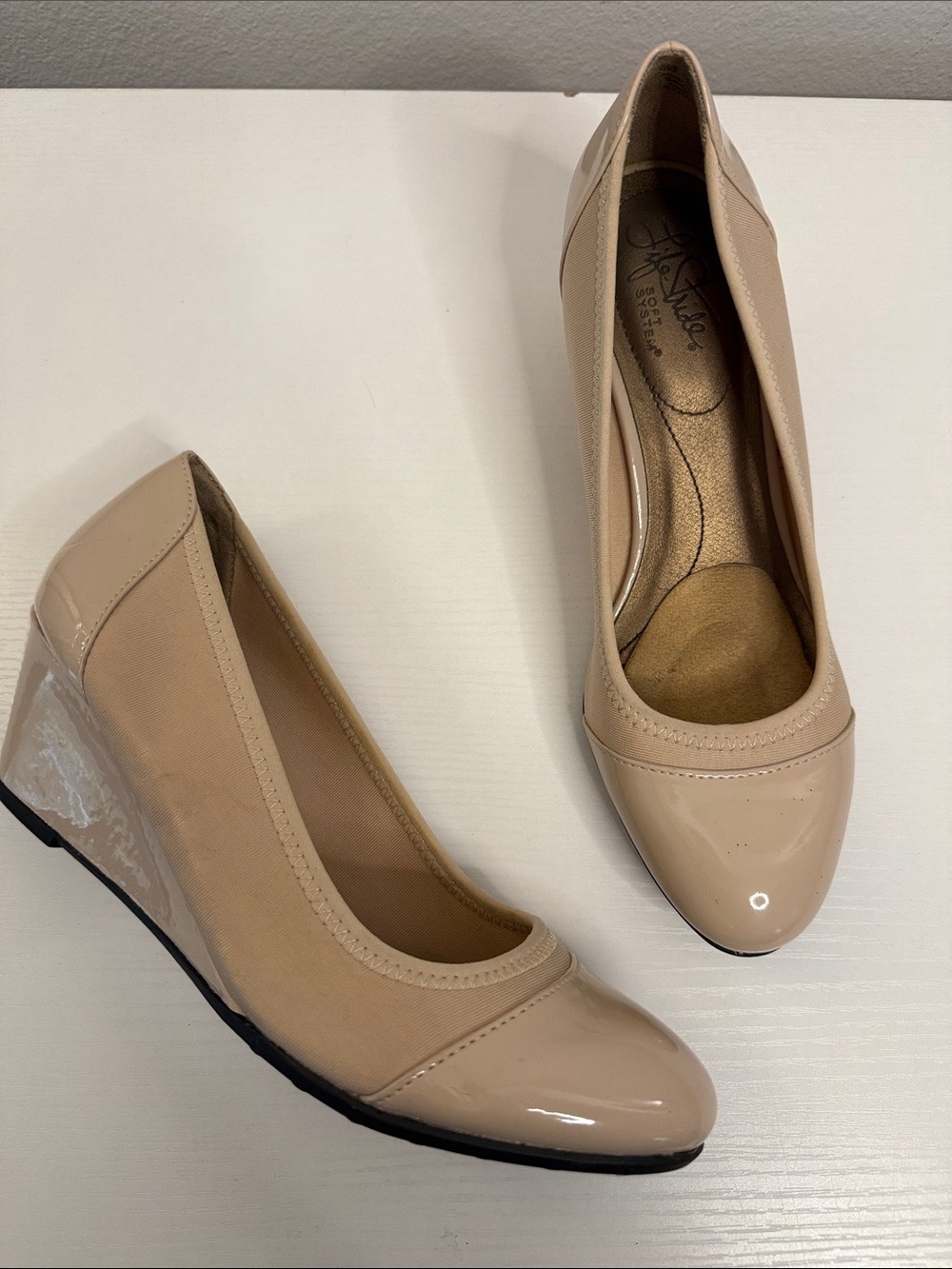 Life Stride Beige Patent Wedge Pumps